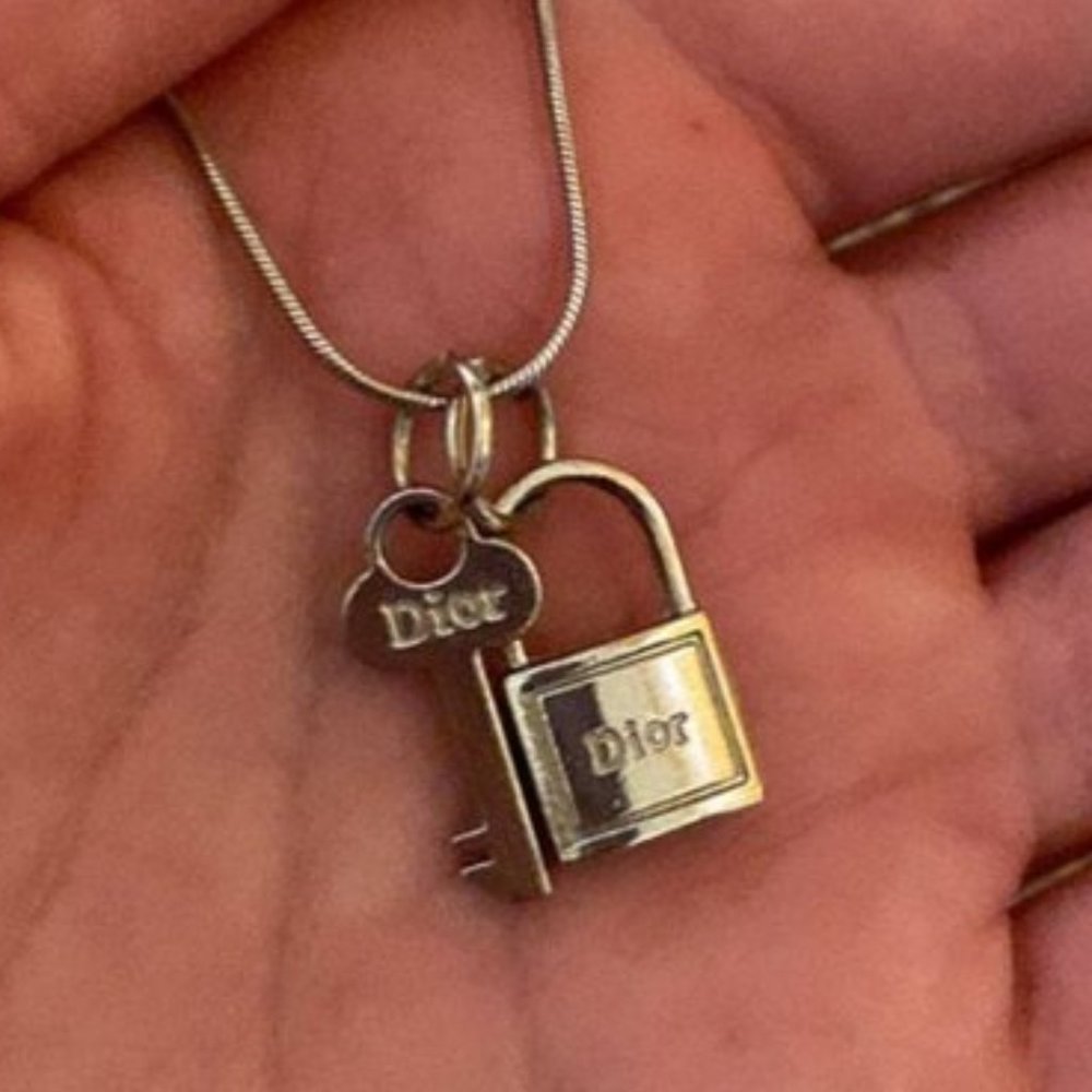 Silver Christian Dior Lock & Key Pendant Necklace
